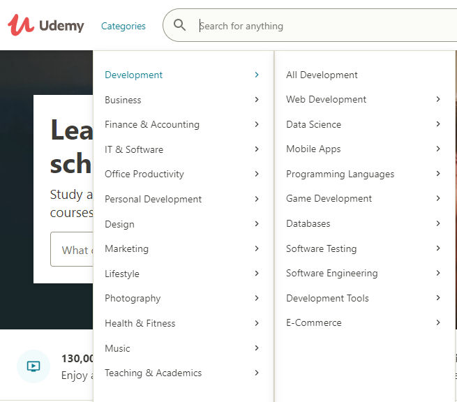 Example for E-learning platform category list